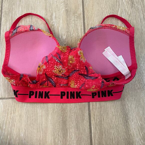 Victoria’s Secret PINK Date Push-Up Bra Floral Lace Underwire Racerback 32C Red - Picture 3 of 11
